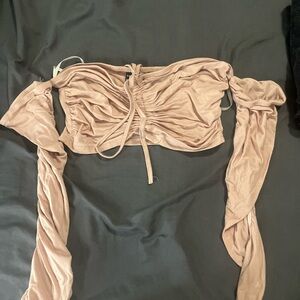 Off shoulder ruched Drawstring knot crop top
